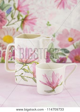 Decoupage Decorated Tea Pot And Tea Cup