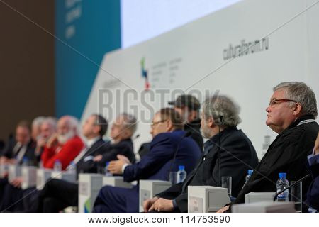 ST. PETERSBURG, RUSSIA - DECEMBER 16, 2015: Final plenary session of 4th St. Petersburg International Cultural Forum in the General Staff building. The forum include more than 150 events