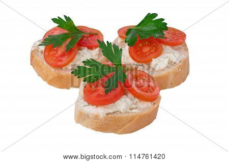 Sandwich With Cheese, Tomatoes And Parsley Isolated On White Background