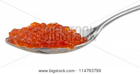 Salted Red Caviar Of Sockeye Salmon Fish On Spoon