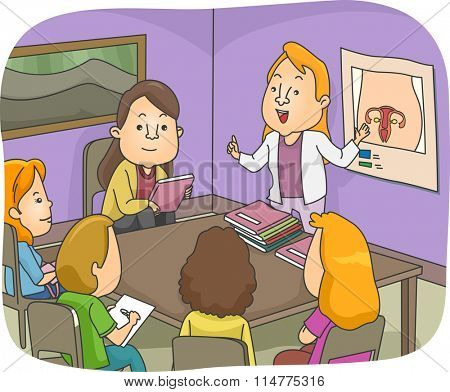 Illustration of a Sex Education Class Discussing the Female Reproductive System