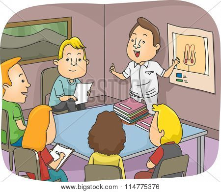 Illustration of a Sex Education Class Discussing the Male Reproductive System