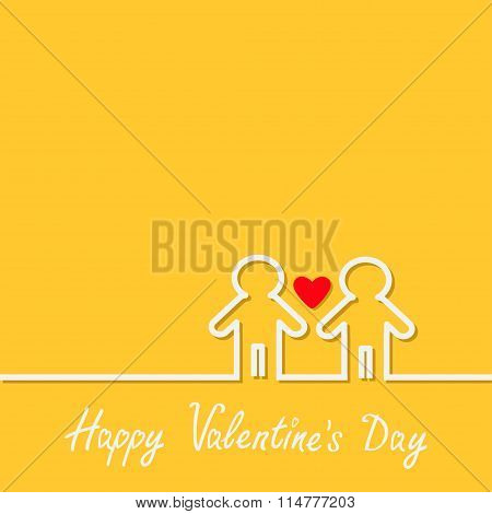 Happy Valentines Day. Love Card. Gay Marriage Pride Symbol Two Contour Man Sign Lgbt Icon White Line