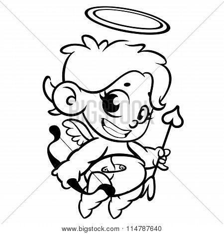 Valentine's Day  cupid with bow and arrow. Monochrome vector line art isolated