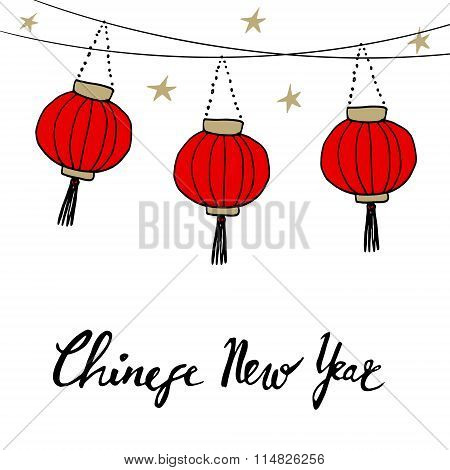 Chinese New Year Card With Hand Drawn Paper Lanterns And Handwritten Text, Vector