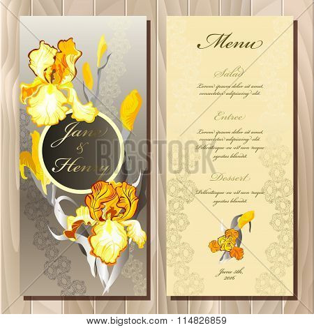 Iris flower wedding menu card. Vector illustration