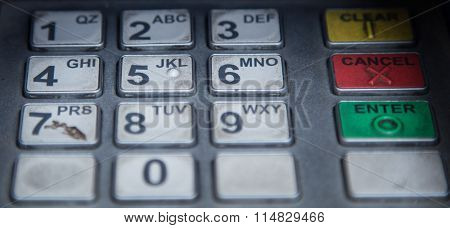 Close up of old ATM keypad with number and character