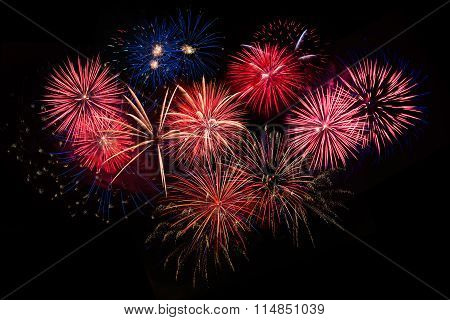 Red Golden Blue Fireworks Over Night Sky