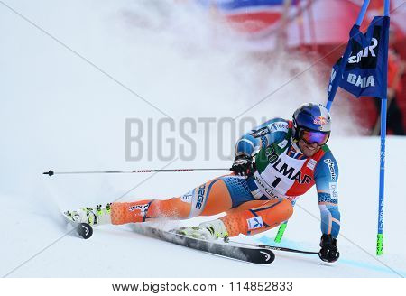 ALTA BADIA, ITALY - DECEMBER 22 2013: Competing in the AUDI FIS Alpine World Cup giant Slalom race on the Grand Risa course Alta Badia, Italy. 