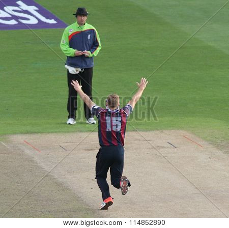 BIRMINGHAM, ENGLAND - AUGUST 29 2015:  The NatWest T20 Blast Final between Northamptonshire and Lancashire at Edgbaston Cricket Ground, in Birmingham, England.