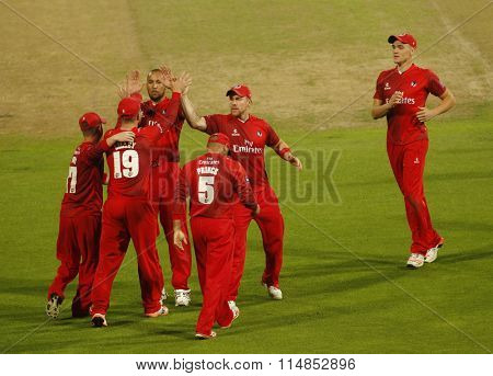 BIRMINGHAM, ENGLAND - AUGUST 29 2015:  The NatWest T20 Blast Final between Northamptonshire and Lancashire at Edgbaston Cricket Ground, in Birmingham, England.