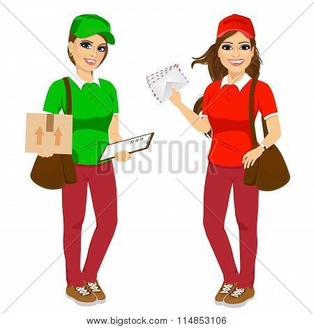 two attractive post women in uniform with brown leather bag delivering mail and delivery cardboard