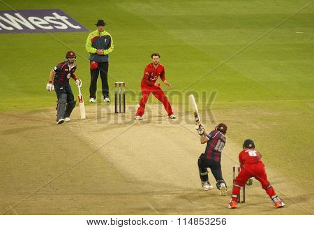BIRMINGHAM, ENGLAND - AUGUST 29 2015:  The NatWest T20 Blast Final between Northamptonshire and Lancashire at Edgbaston Cricket Ground, in Birmingham, England.