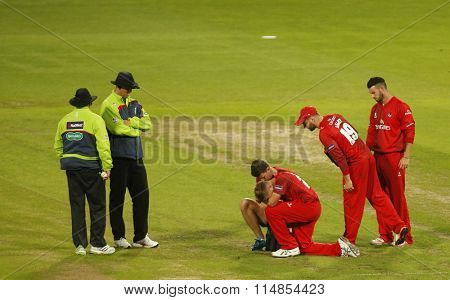 BIRMINGHAM, ENGLAND - AUGUST 29 2015:  The NatWest T20 Blast Final between Northamptonshire and Lancashire at Edgbaston Cricket Ground, in Birmingham, England.