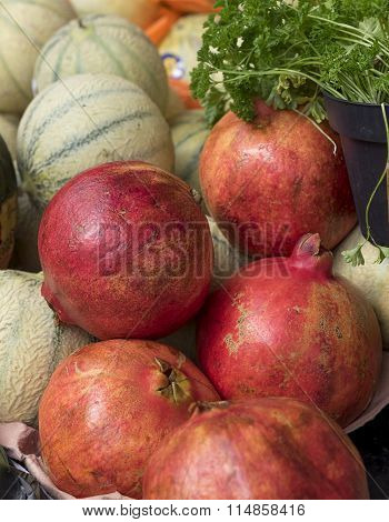 Fresh Produce With Pomegranates, Rockmelons, Parsley
