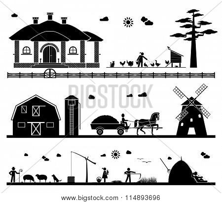 Feeding domestic animals, transporting crops with horse drawn wagon to a windmill, grazing sheep, taking water out of the well, mowing, resting in the field. Agriculture icons.