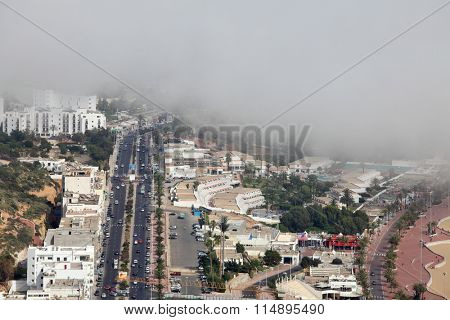 Agadir view when fog from Atlantic ocean is coming 