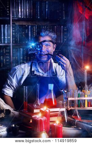 Portrait of a crazy medieval scientist working in his laboratory. Alchemist. Halloween.