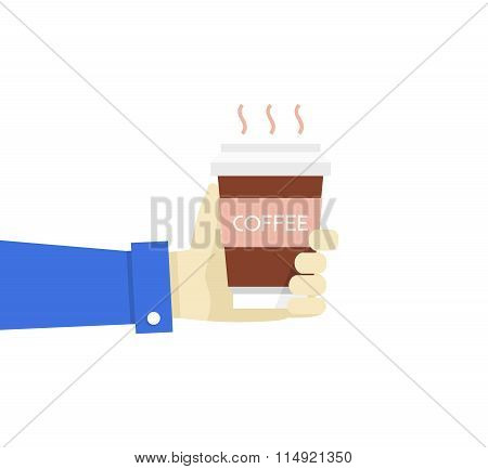 Vector Illustration Hand Holding Disposable Coffee Cup. Flat Sty