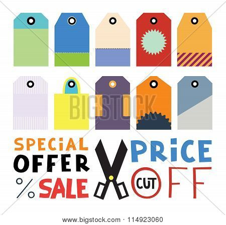Set Of Ten Different Blank Price Or Gift Tags. Scissors Icon Wit