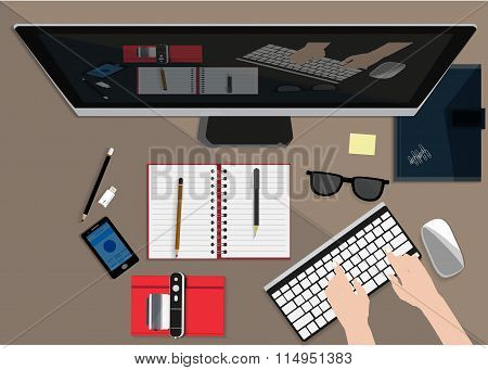 vector illustration of modern workplace top view in flat design
