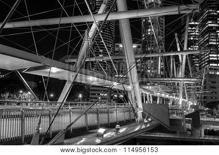 Kurilpa Bridge illuminated pedestrian architecture closeup. Black & White