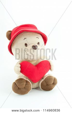 Bear In Love Wear Red Hat Hold Red Heart On White Background.