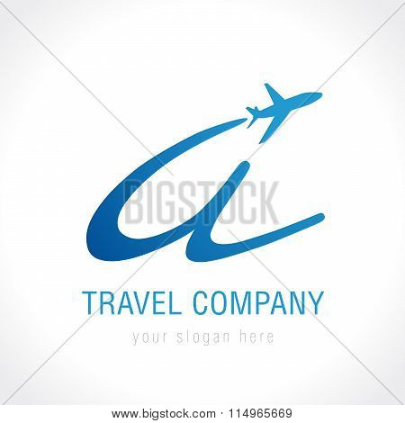 A travel company logo concept. Airlines, transportation or logistics company, A name with flying plane. Branding identity, vector emblem. Isolated abstract graphic design template. Blue label.