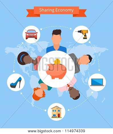 Sharing economy and smart consumption concept. Vector illustration in flat style.