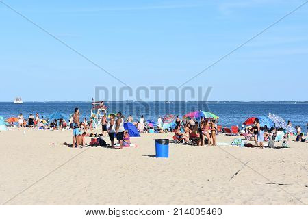 NEW LONDON, CT - AUG 13: Ocean Beach in New London, Connecticut, as seen on Aug 13, 2017. It offers a spectacular view, rides, waterslides, a mini golf course, and an arcade with retro games.