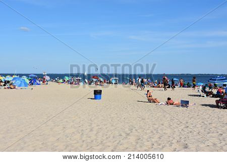 NEW LONDON, CT - AUG 13: Ocean Beach in New London, Connecticut, as seen on Aug 13, 2017. It offers a spectacular view, rides, waterslides, a mini golf course, and an arcade with retro games.