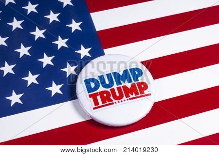 LONDON UK - NOVEMBER 15TH 2017: Anti-Tump badge over an American flag background on 15th November 2017.