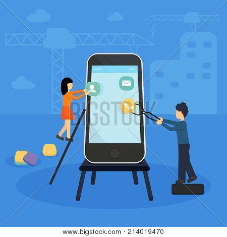 small people decorated mobile technology. Website under construction. Web adaptive mobile design and development. Profetional team. Vector Illustration
