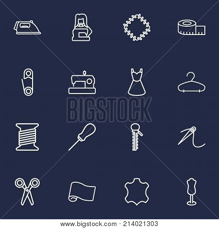 Collection Of Needle, Sewing, Dummy And Other Elements.  Set Of 16 Sewing Outline Icons Set.