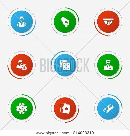 Collection Of Security Camera, Dealer, Bullion And Other Elements.  Set Of 9 Casino Icons Set.