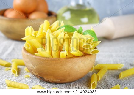 Penne Rigate. Macaroni In The Form Of Feathers. Mostaccioli Pasta.