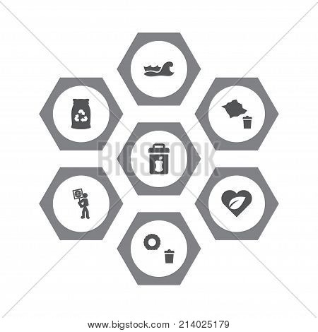 Collection Of Paper, Volunteer, Sea And Other Elements.  Set Of 7 Bio Icons Set.