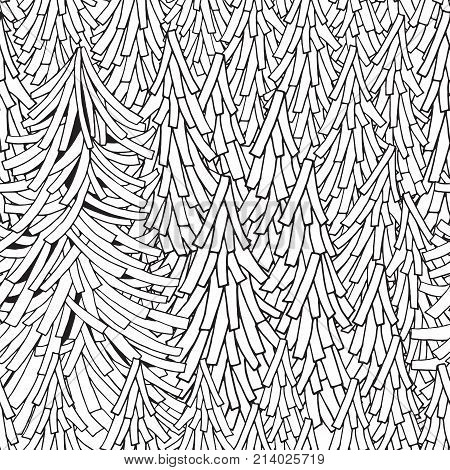 Seamless pattern with coniferous forest. Adult coloring book page. Black and white fantasy picture. Fir trees. Eco theme. Pattern for coloring book. Hand-drawn ethnic doodle vector elements.