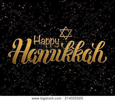 Vector hand drawn greeting card Happy Hanukkah. Calligraphy isolated on black background. Hand lettering illustration. Hanukkah design