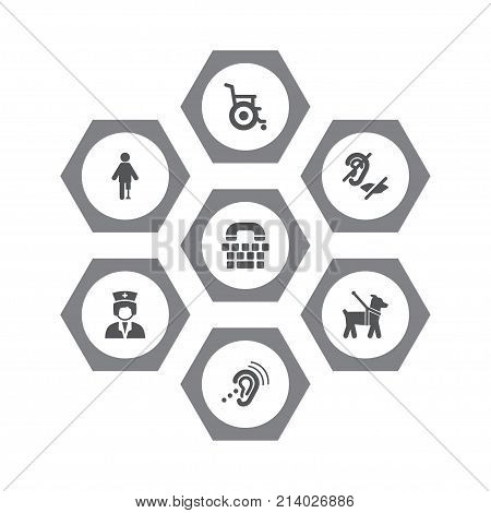 Collection Of Artificial Limb, Assistance, Listening Device And Other Elements.  Set Of 7 Accessibility Icons Set.