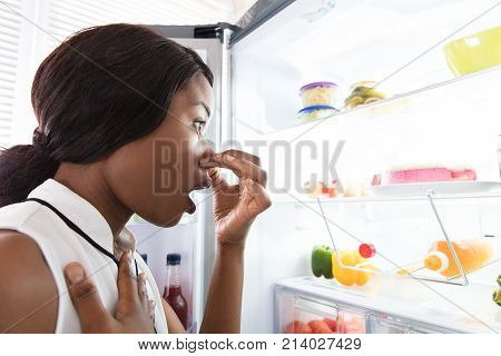 Close-up Of An African Young Woman Holding Her Nose Near Foul Food In Refrigerator