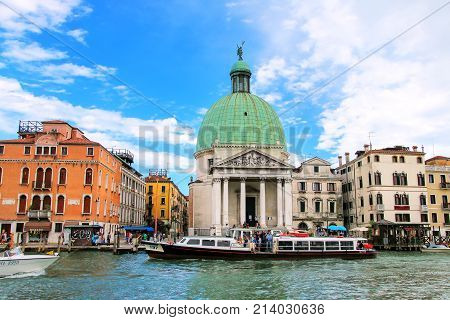 Venice, Italy - June 21: San Simeone Piccolo Church Along Grand Canal On June 21, 2015 In Venice, It