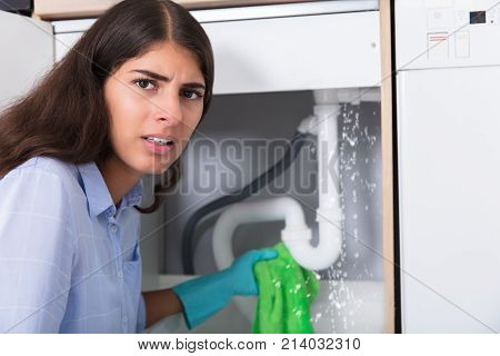 Portrait Of A Young Worried Woman Holding Napkin Under Sink Pipe Leakage In Kitchen