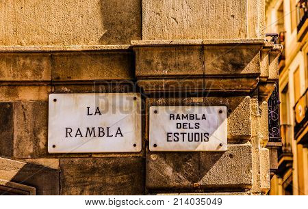 La Rambla Street Sign at Corner of Estudis