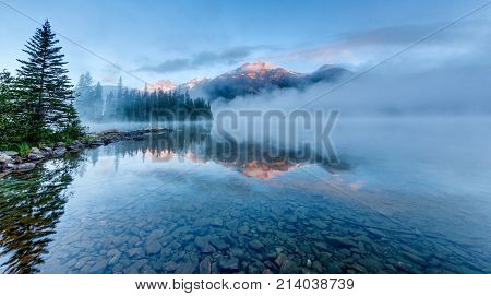 Foggy Sunrise At Pyramid Lake In Jasper, Alberta, Canada