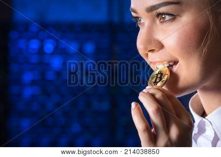 bitcoin woman hold mining cryptography virtual beautiful
