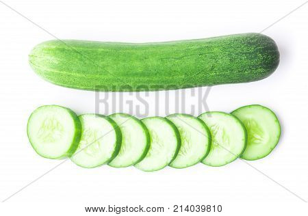 Closeup cucumber with sliced on white background food and vegetable concept top view