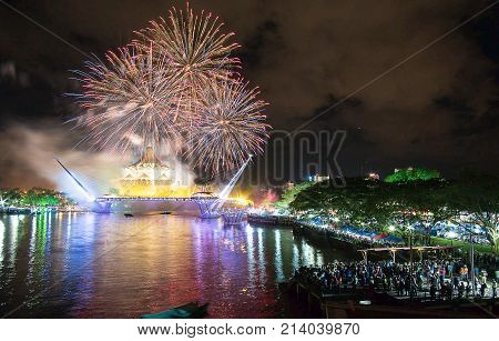 fireworks during opening ceremony darul hana bridge at kuching city on november11 2017.