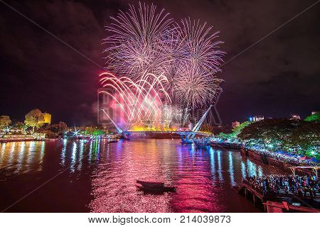 fireworks during opening ceremony darul hana bridge at kuching sarawak on november11 2017.