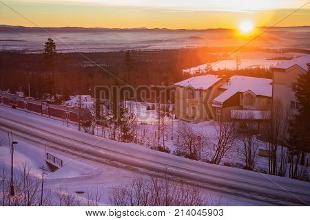 Beautiful dawn in the center of the Horny Smokovec. Is a popular ski village in the Slovakia. Located in the mountains of the High Tatras at an altitude of 950 meters above sea level.